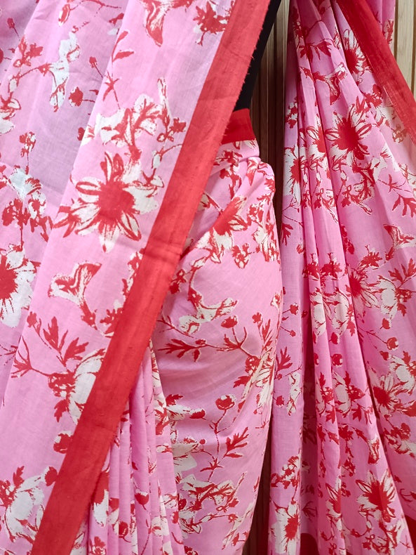 Pink & Red Handloom Finest Mul Printed Cotton Saree Balaram Saha