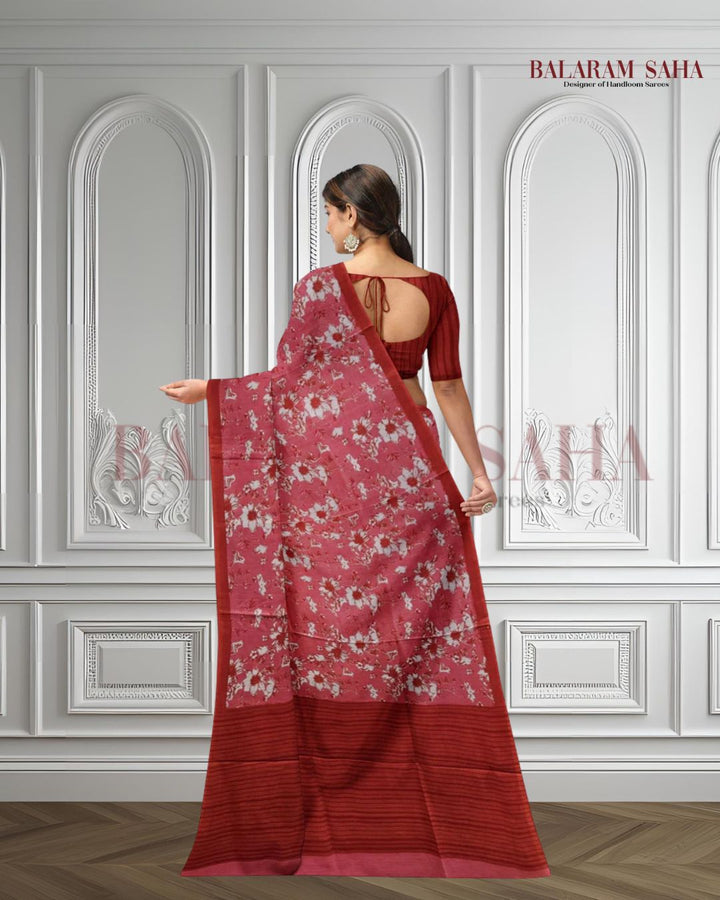Pink & Red Handloom Finest Mul Printed Cotton Saree Balaram Saha