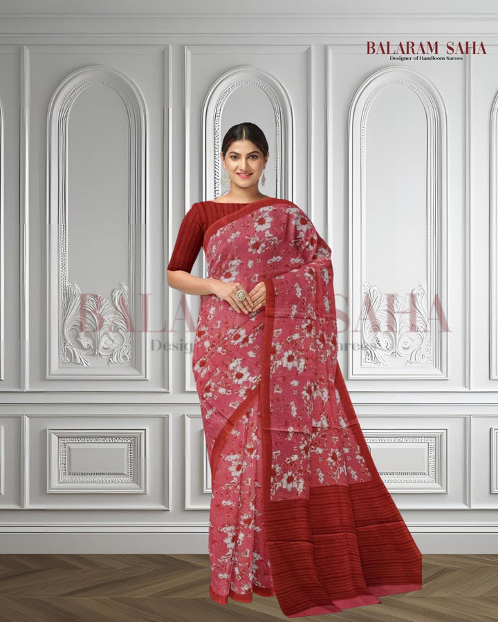 Pink & Red Handloom Finest Mul Printed Cotton Saree Balaram Saha