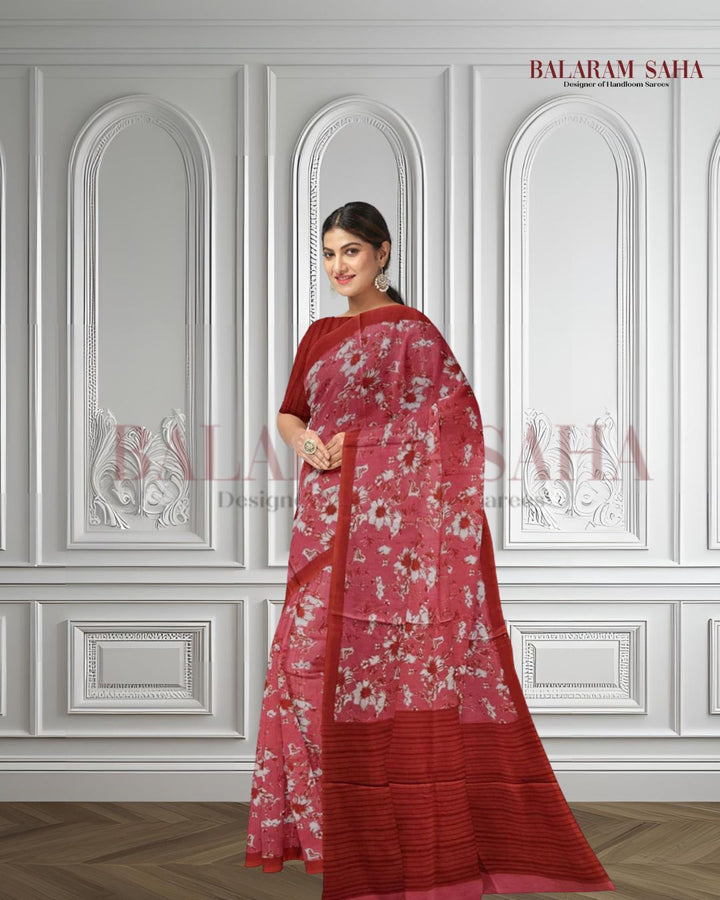 Pink & Red Handloom Finest Mul Printed Cotton Saree Balaram Saha