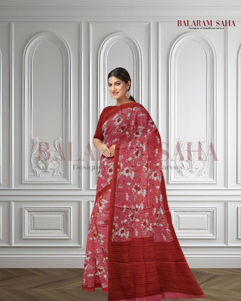 Pink & Red Handloom Finest Mul Printed Cotton Saree Balaram Saha