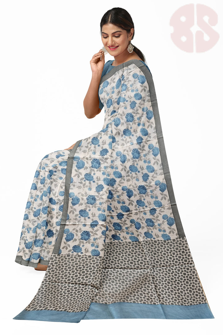 White & Blue Handloom Finest Mul Printed Cotton Saree Balaram Saha