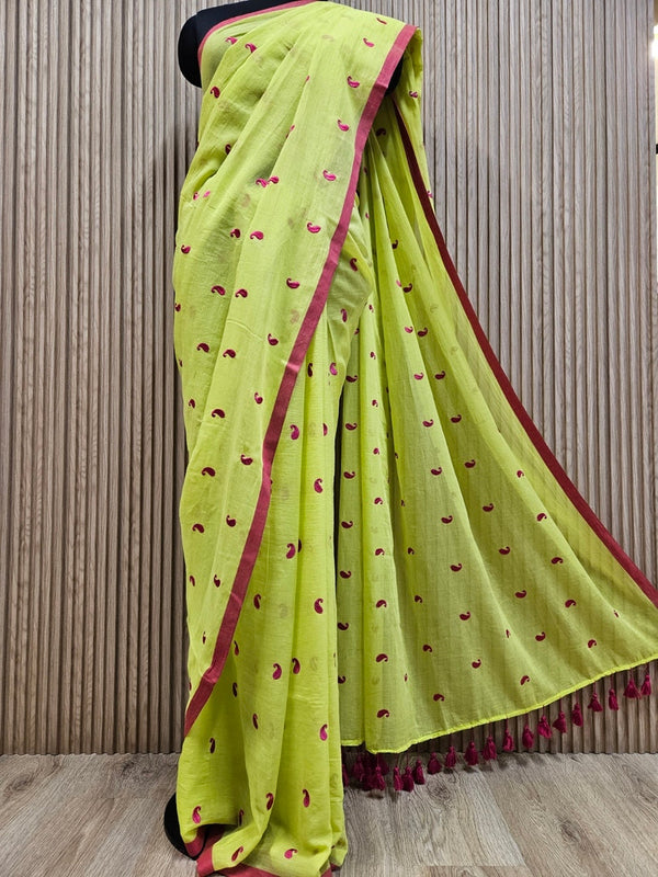 Lime Green Soft Hamdloom Mul Cotton Comfart Wear Saree Balaram Saha