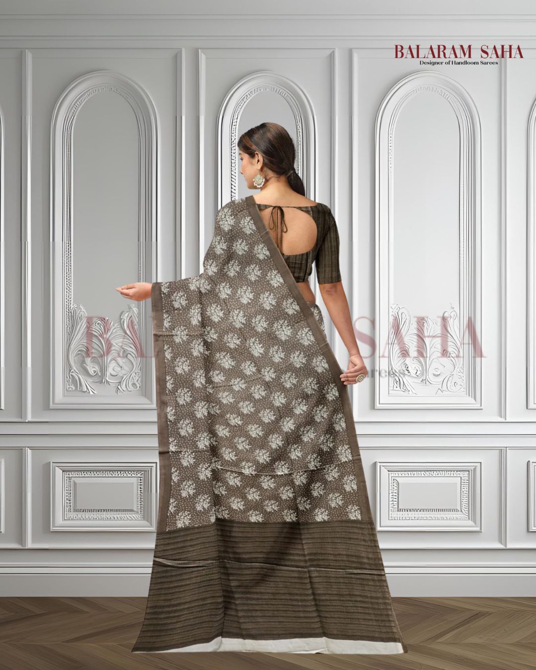 Brown & White Handloom Finest Mul Printed Cotton Saree Balaram Saha