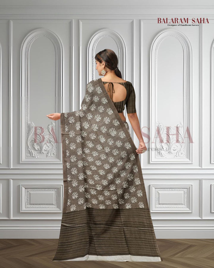 Brown & White Handloom Finest Mul Printed Cotton Saree Balaram Saha