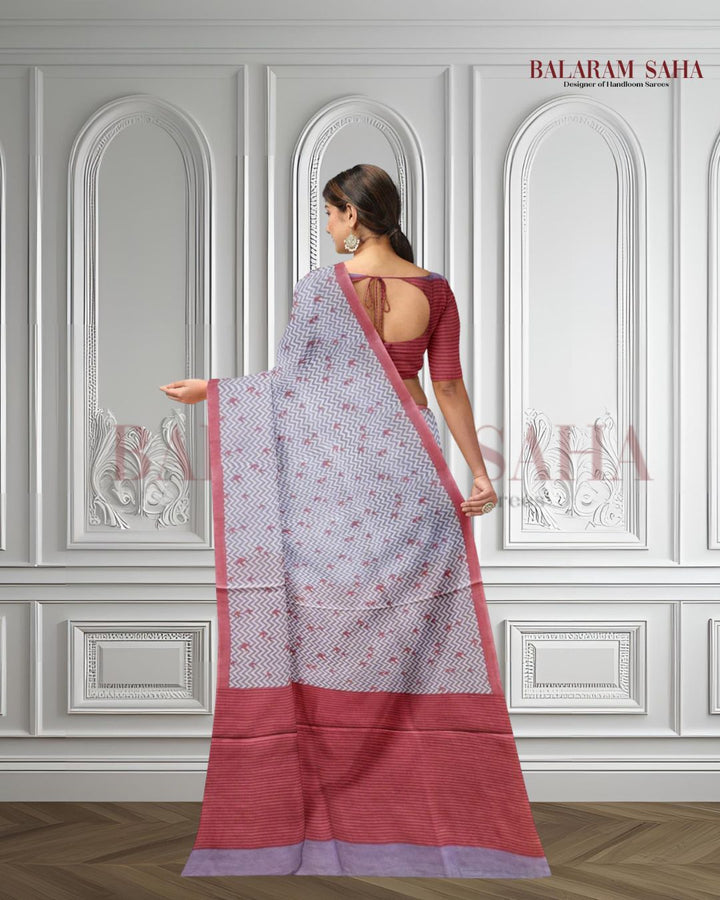 White & Red Handloom Finest Mul Printed Cotton Saree Balaram Saha