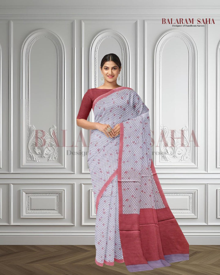 White & Red Handloom Finest Mul Printed Cotton Saree Balaram Saha