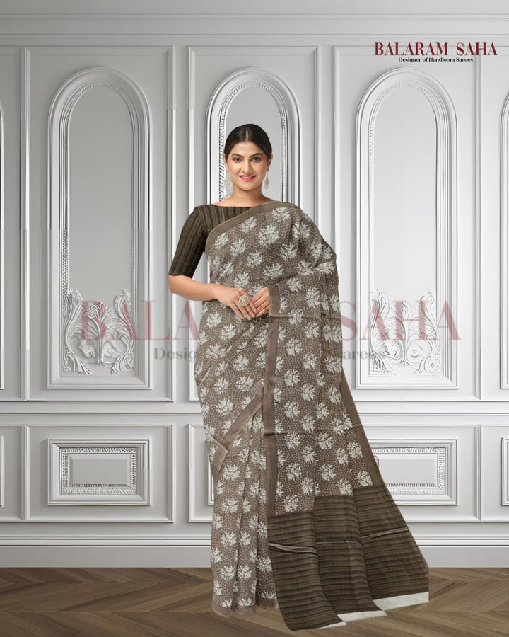 Brown & White Handloom Finest Mul Printed Cotton Saree Balaram Saha