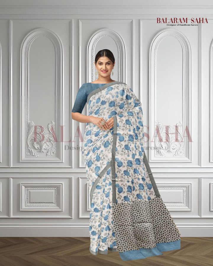 White & Blue Handloom Finest Mul Printed Cotton Saree Balaram Saha