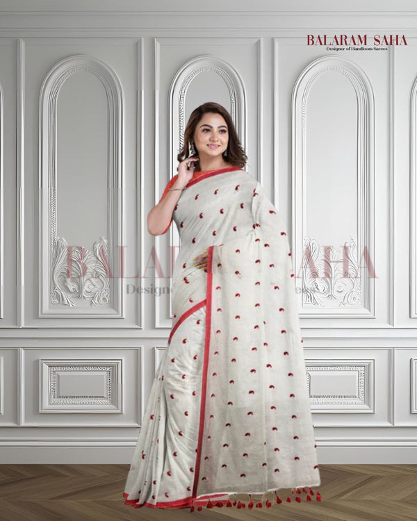 White & Red Soft Hamdloom Mul Cotton Comfart Wear Saree Balaram Saha