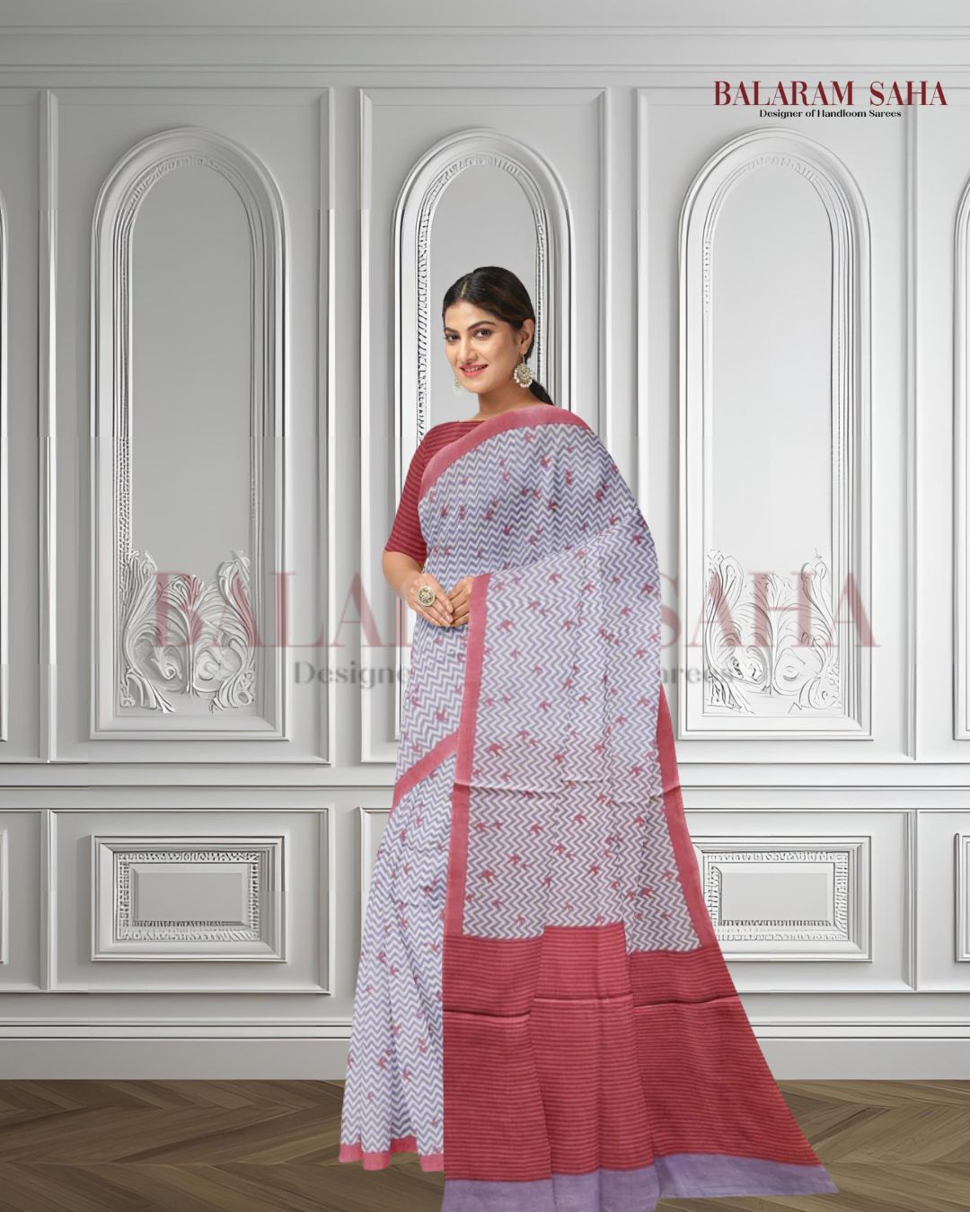 White & Red Handloom Finest Mul Printed Cotton Saree Balaram Saha
