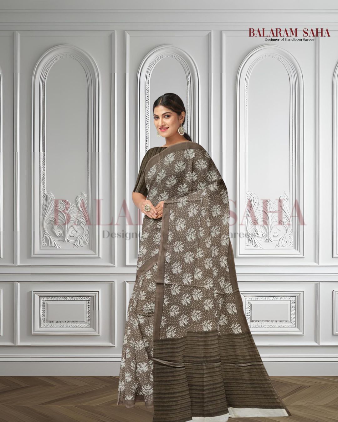 Brown & White Handloom Finest Mul Printed Cotton Saree Balaram Saha