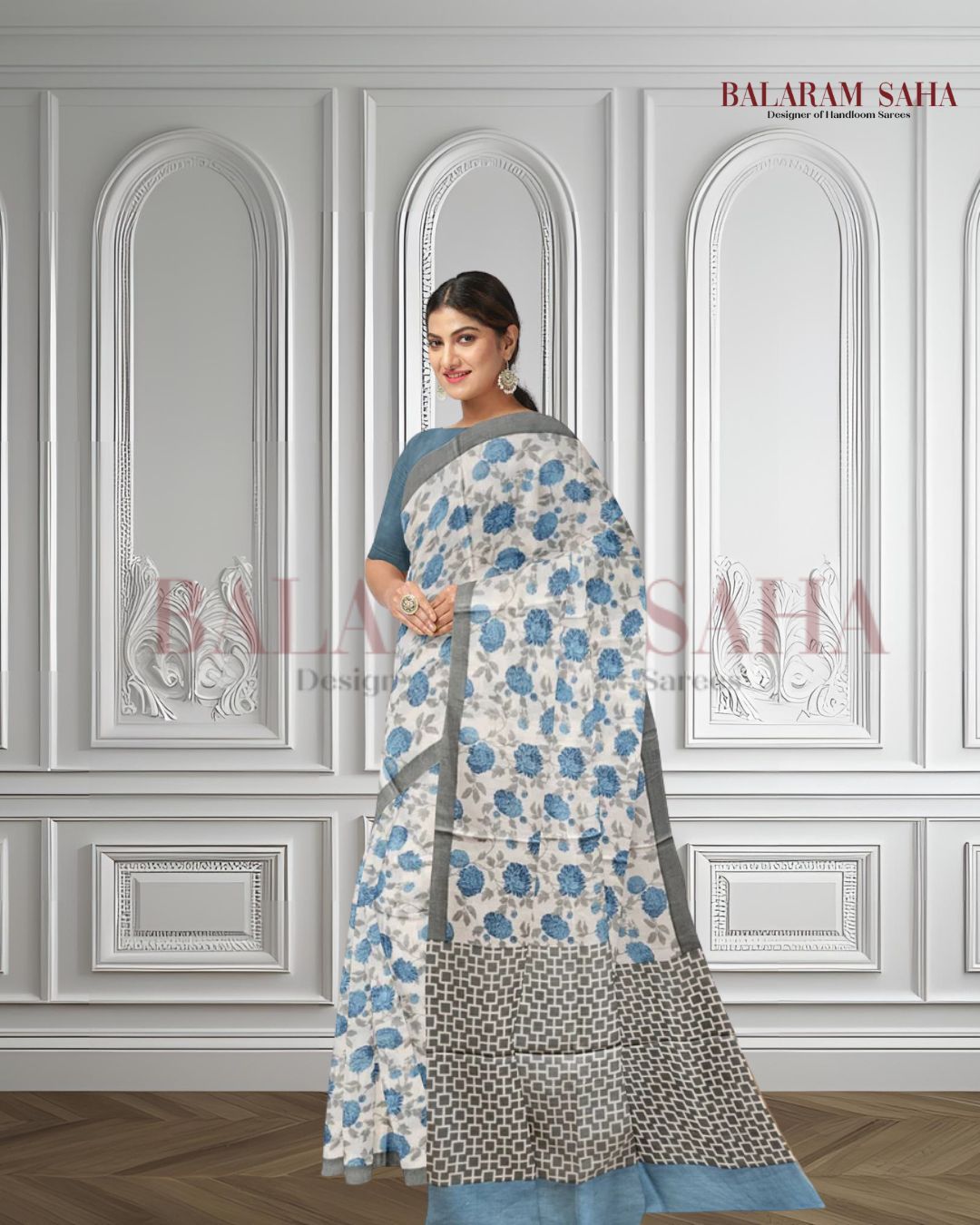 White & Blue Handloom Finest Mul Printed Cotton Saree Balaram Saha