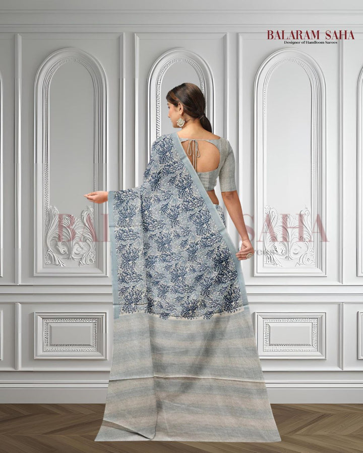 White/Blue Handloom Finest Mul Printed Cotton Saree Balaram Saha