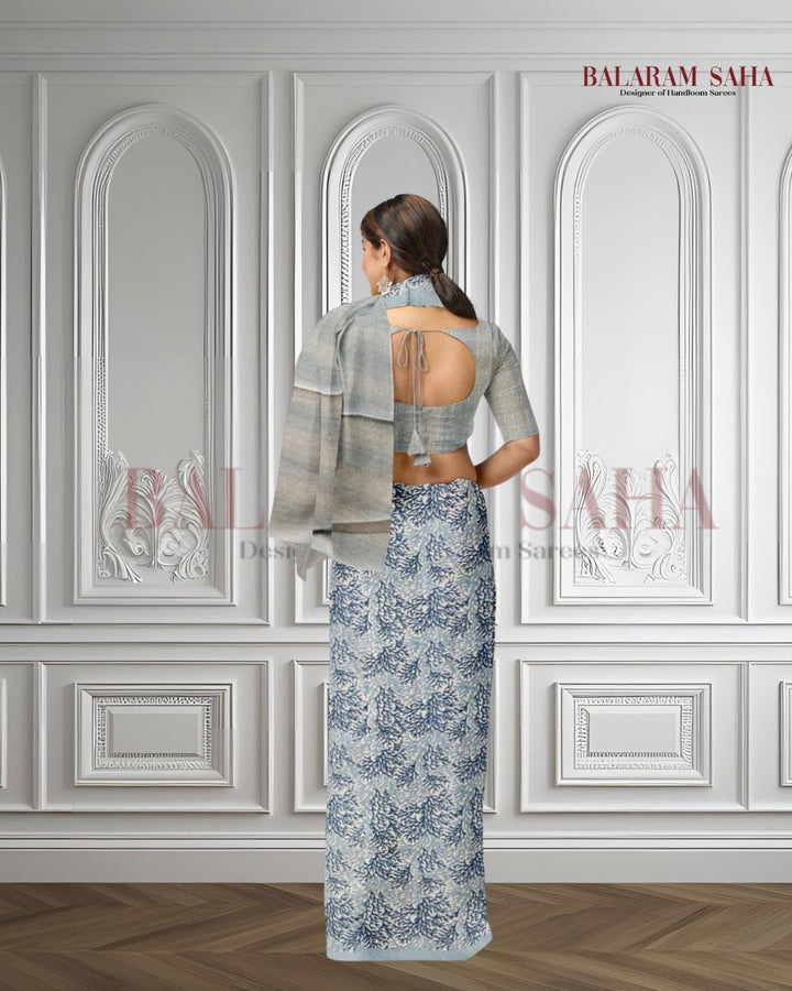 White/Blue Handloom Finest Mul Printed Cotton Saree Balaram Saha