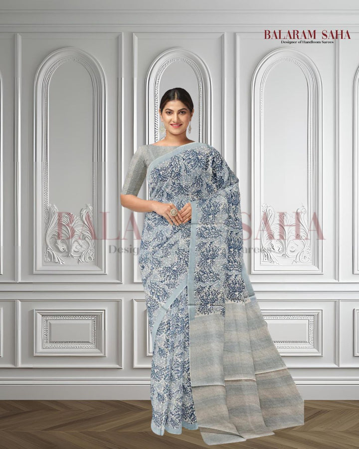 White/Blue Handloom Finest Mul Printed Cotton Saree Balaram Saha