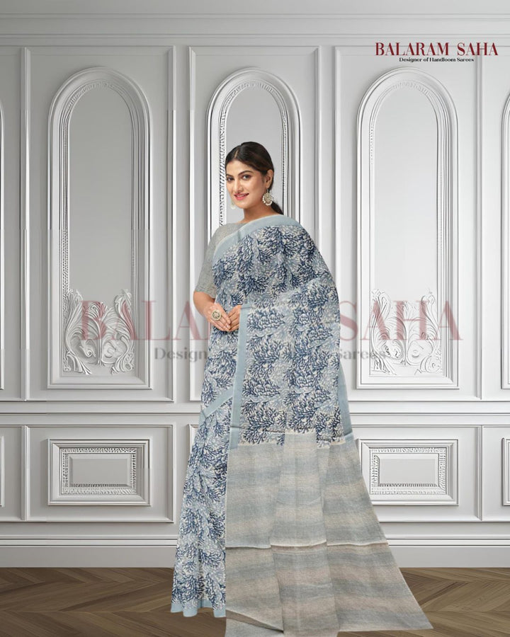 White/Blue Handloom Finest Mul Printed Cotton Saree Balaram Saha