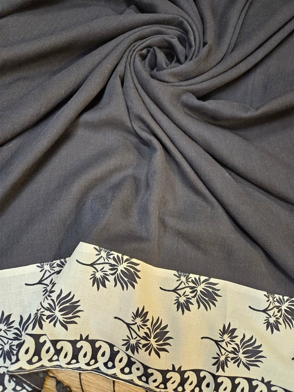 Black & White Handloom Mul Cotton Saree With Aplik Printed Border Balaram Saha
