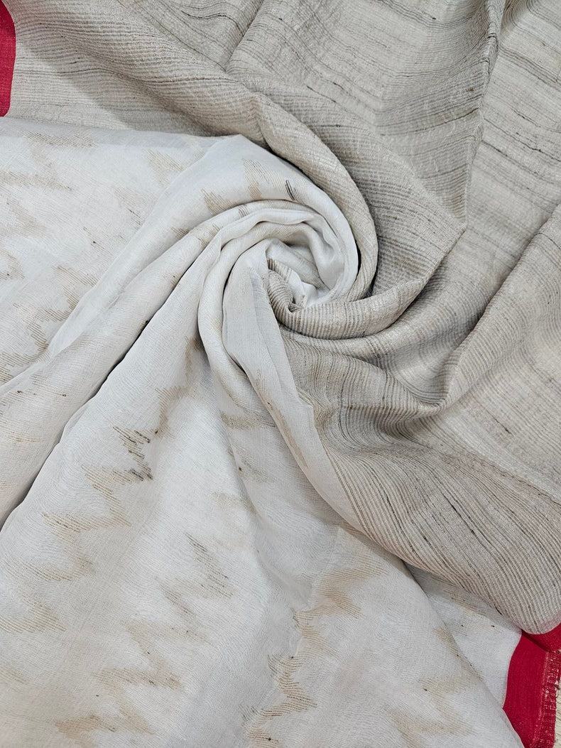 Off White & Red Handsloom Muslin Silk Saree With Jute Weave Balaram Saha