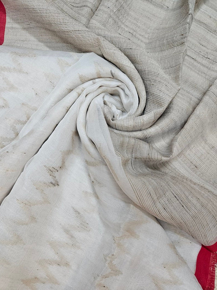 Off White & Red Handsloom Muslin Silk Saree With Jute Weave Balaram Saha
