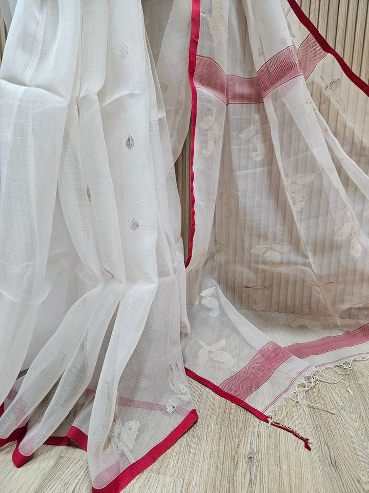 Off-White Muslin Jamdani Silk Saree Features a Striking Red Contrast Border Balaram Saha