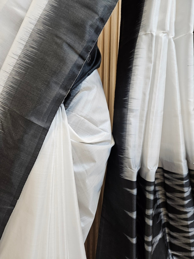White & Black Handloom Bishnupuri Katan Silk Saree with Black Contrast Border & Woven Aanchal Balaram Saha