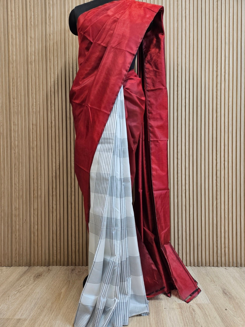 Maroon & White Handloom Pure Bishnupuri Katan Silk Saree With Half & Half Pattern Balaram Saha