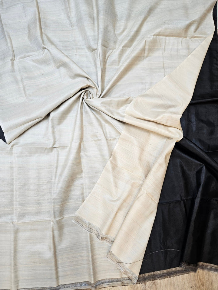 Black & Beige Handloom Pure Bishnupuri Katan Tussar  Silk Saree with Half & Half Pattern Balaram Saha