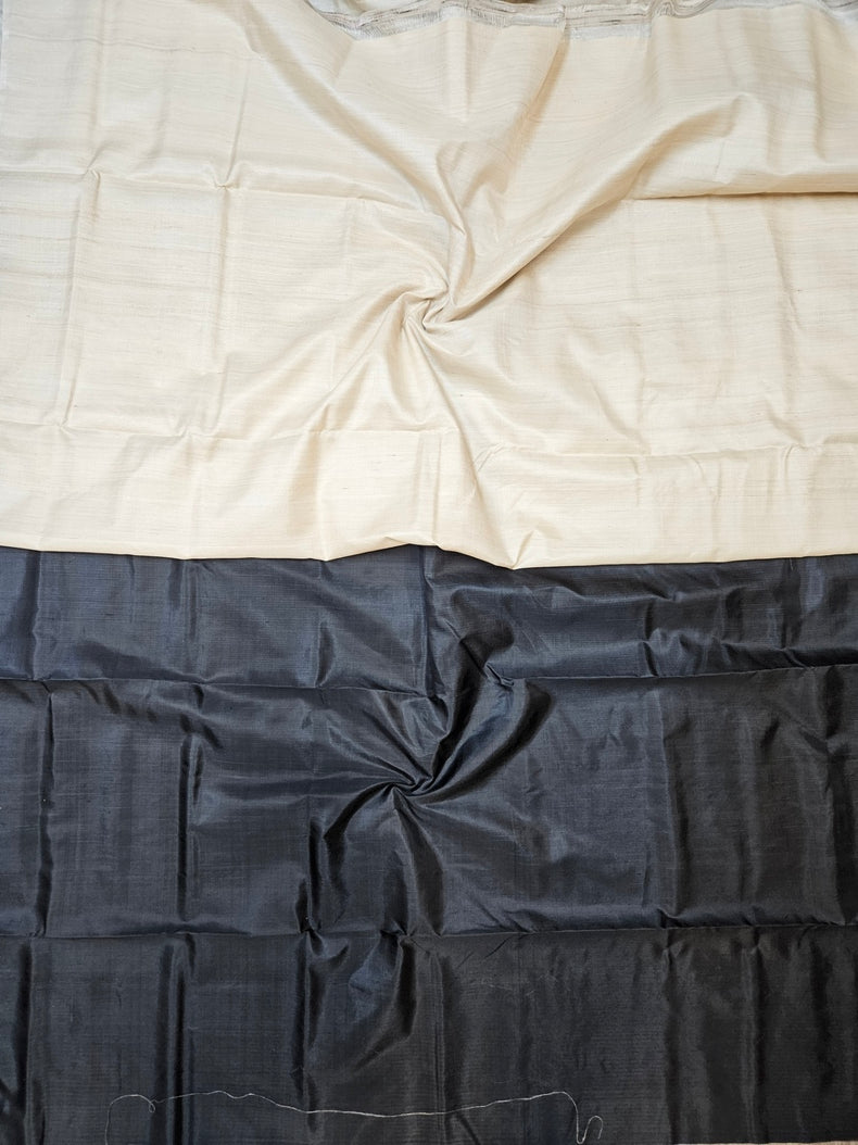 Black & Beige Handloom Pure Bishnupuri Katan Tussar  Silk Saree with Half & Half Pattern Balaram Saha