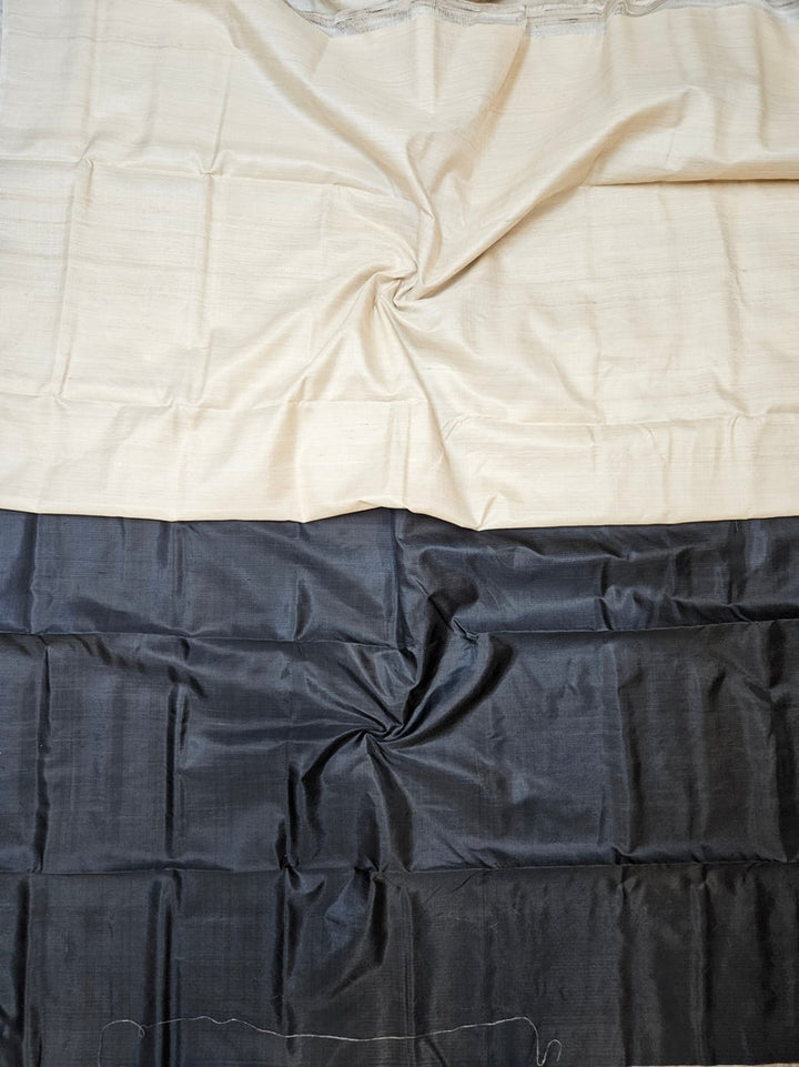 Black & Beige Handloom Pure Bishnupuri Katan Tussar  Silk Saree with Half & Half Pattern Balaram Saha