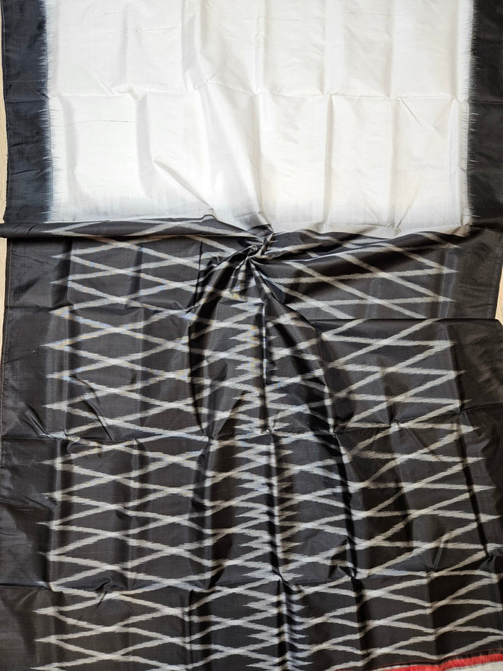 White & Black Handloom Bishnupuri Katan Silk Saree with Black Contrast Border & Woven Aanchal Balaram Saha