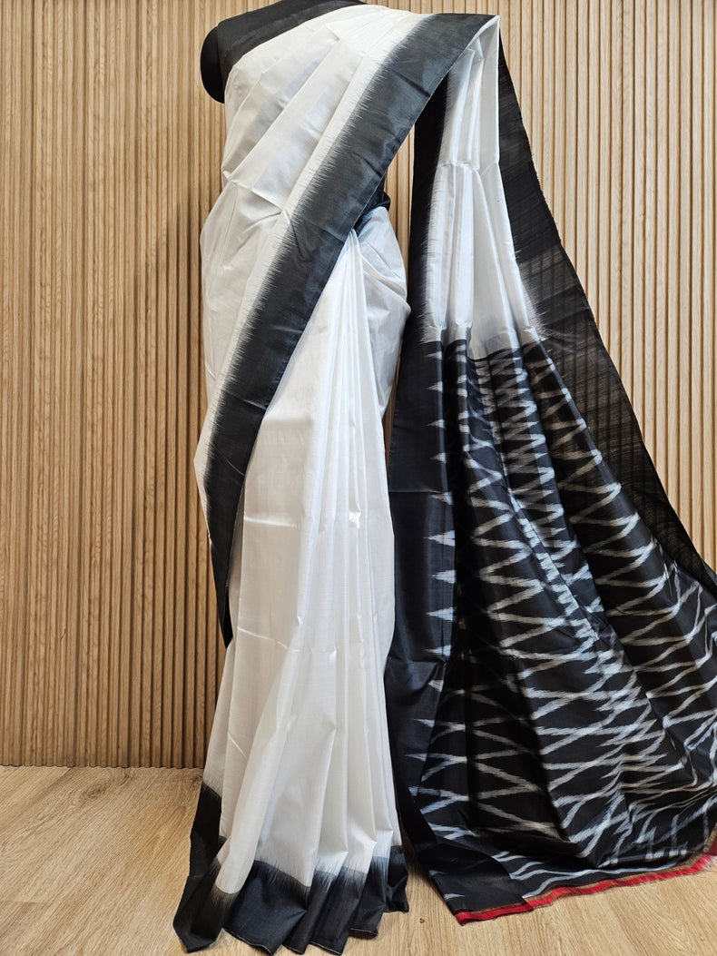 White & Black Handloom Bishnupuri Katan Silk Saree with Black Contrast Border & Woven Aanchal Balaram Saha