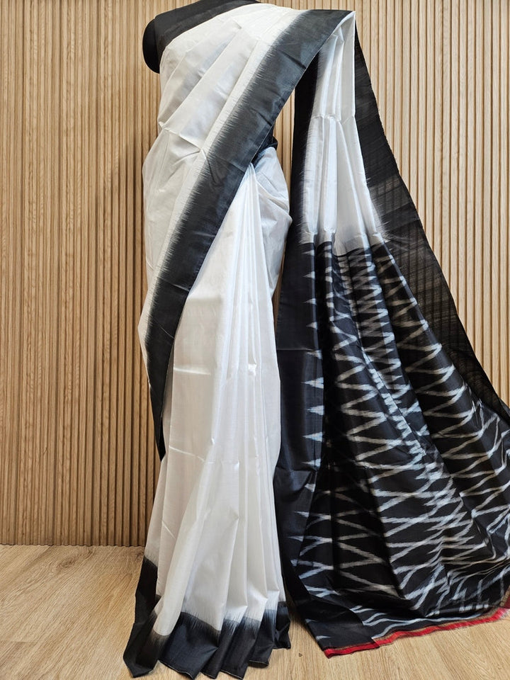 White & Black Handloom Bishnupuri Katan Silk Saree with Black Contrast Border & Woven Aanchal Balaram Saha