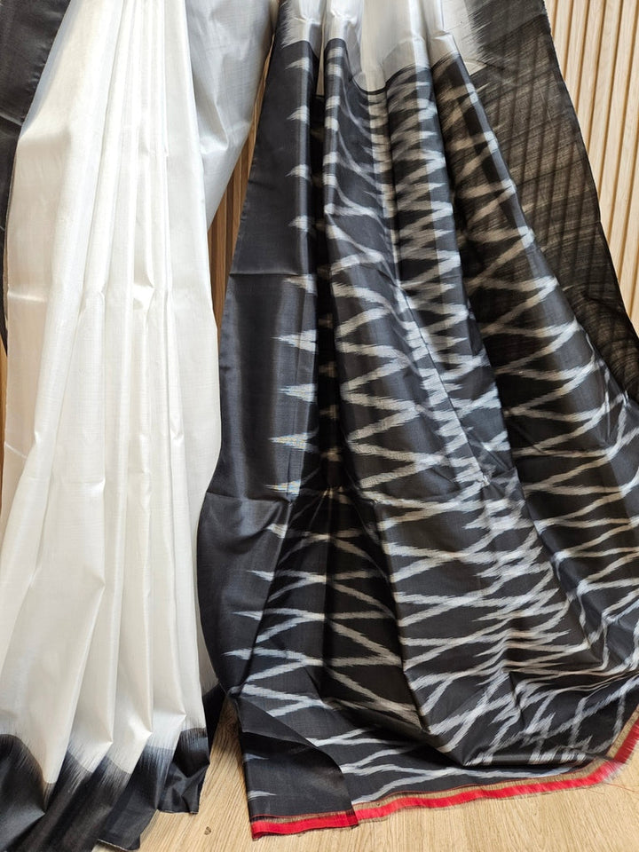 White & Black Handloom Bishnupuri Katan Silk Saree with Black Contrast Border & Woven Aanchal Balaram Saha
