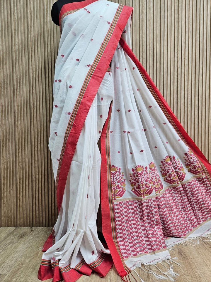 Soft Cotton Blend  White & Red Handloom Saree Balaram Saha