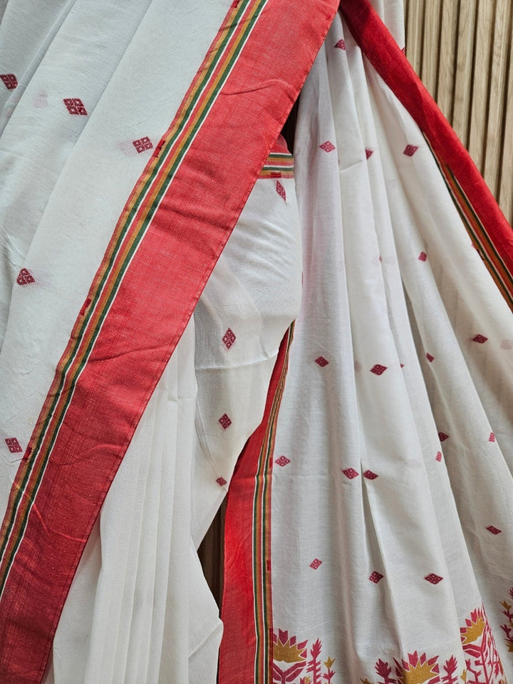 Soft Cotton Blend  White & Red Handloom Saree Balaram Saha