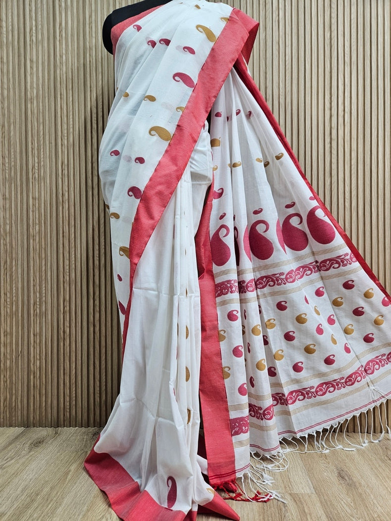 Soft Cotton Blend  White & Red Handloom Saree Balaram Saha