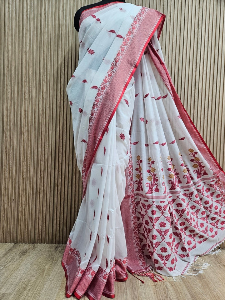 Soft Cotton Blend  White & Red Handloom Saree Balaram Saha