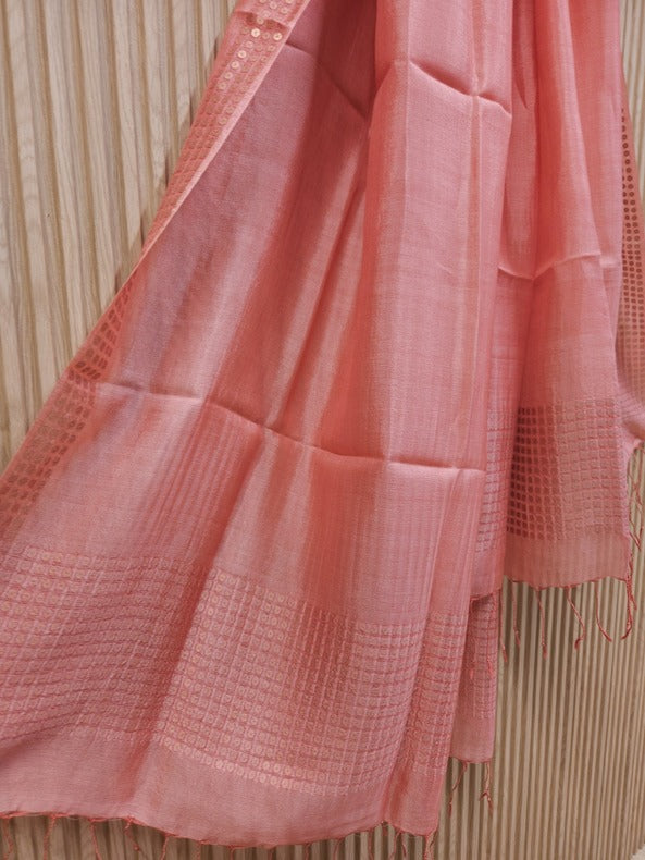 Peach Premium Handloom Katan Silk Dupatta With Sequin Waeve Balaram Saha