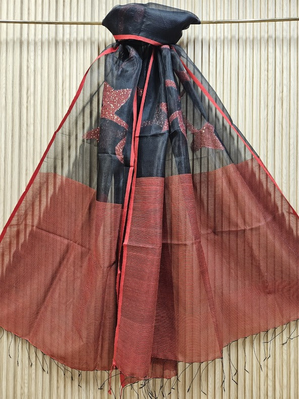 Black & Red Handloom Muslin Silk Jamdani Dupatta Balaram Saha