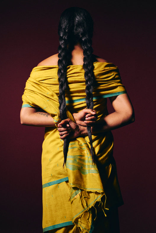 Mustard Green & Blue Handwoven Tussar Silk Jamdani Saree Balaram Saha