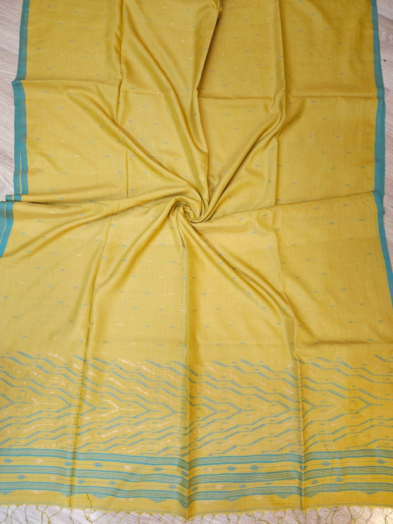 Mustard Green & Blue Handwoven Tussar Silk Jamdani Saree Balaram Saha