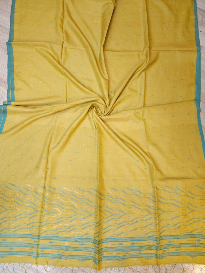 Mustard Green & Blue Handwoven Tussar Silk Jamdani Saree Balaram Saha