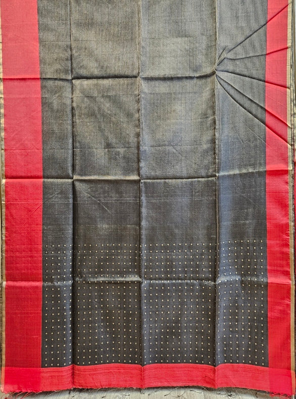 Black & Red Handwoven Muslin Silk Saree with Zari Stripes & Sequin Woven Aanchal Balaram Saha