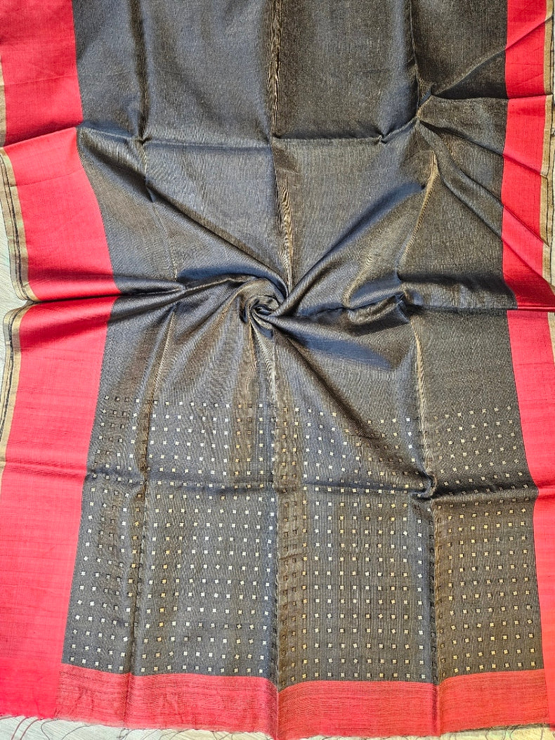 Black & Red Handwoven Muslin Silk Saree with Zari Stripes & Sequin Woven Aanchal Balaram Saha