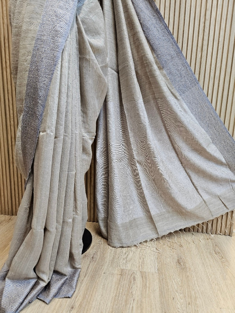 Light Grey Handloom Matka Silk Saree with Grey Woven Border & Sequins Woven Body Balaram Saha