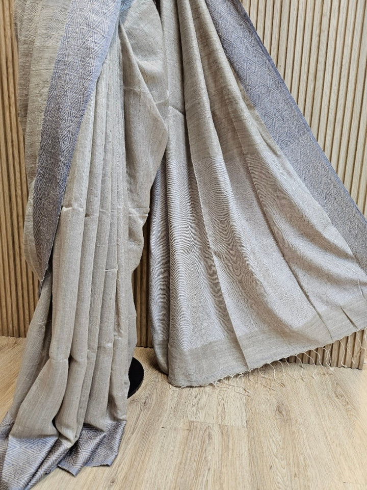 Light Grey Handloom Matka Silk Saree with Grey Woven Border & Sequins Woven Body Balaram Saha