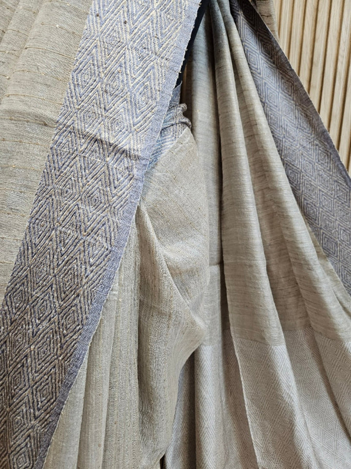 Light Grey Handloom Matka Silk Saree with Grey Woven Border & Sequins Woven Body Balaram Saha