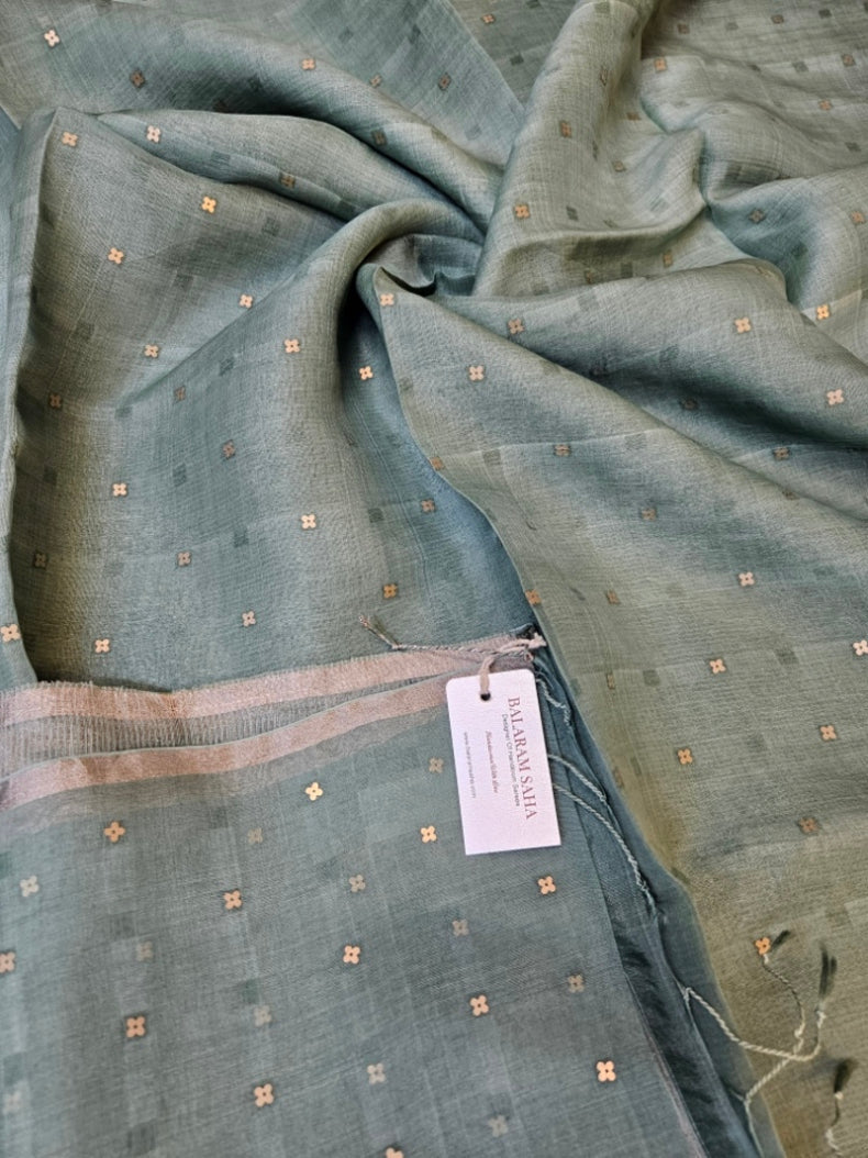 Handloom Muslin Silk Saree with Silver & Golden Zari Ganga Jamuna Border Balaram Saha