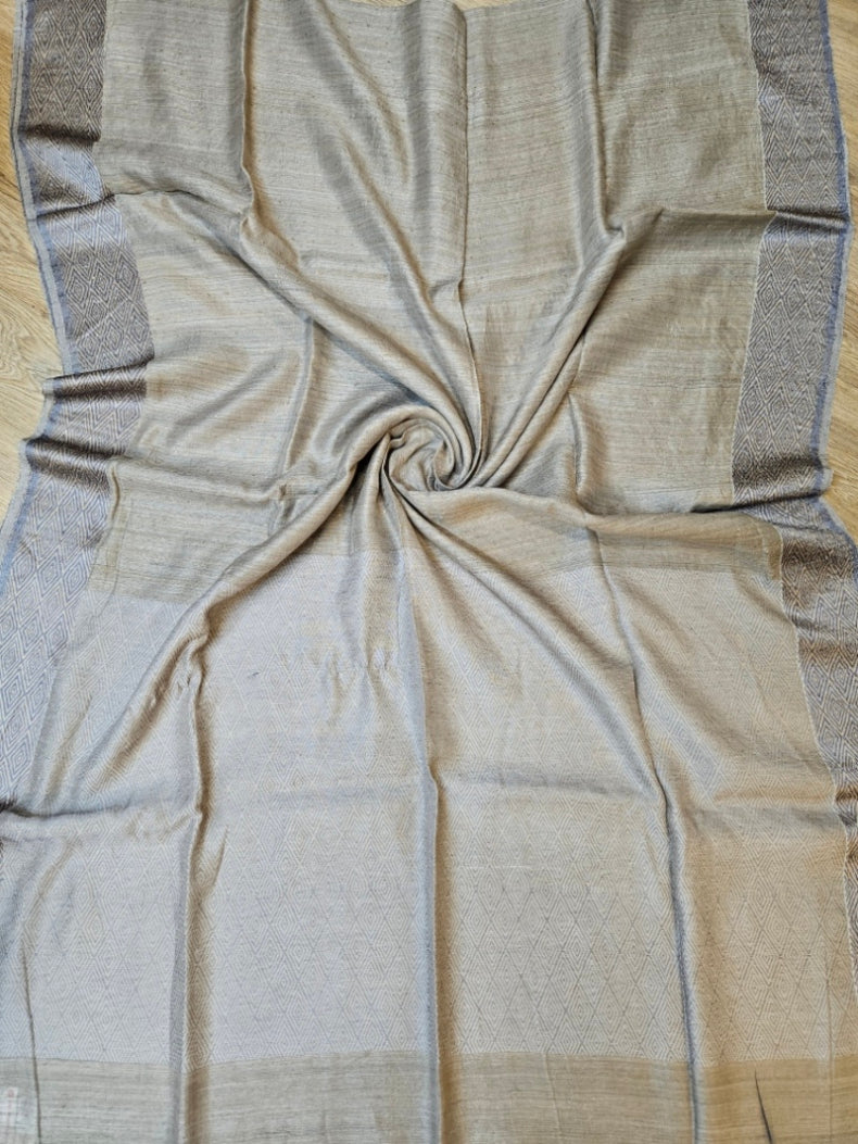 Light Grey Handloom Matka Silk Saree with Grey Woven Border & Sequins Woven Body Balaram Saha